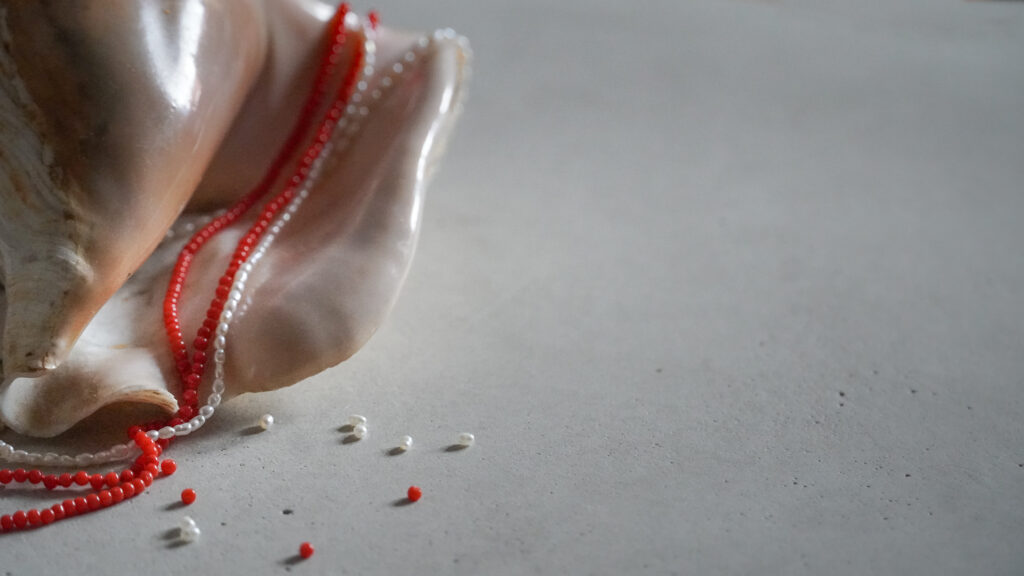 The La Mer Coral and Pearl necklace draped around a shell